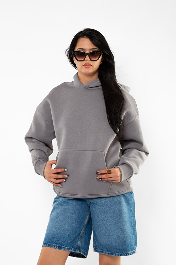 هودي أساسي كبير الحجم للجنسين باللون الرمادي - 1