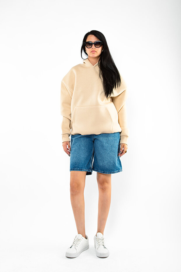 هوديي أساسي كبير الحجم للجنسين باللون البيج - 1