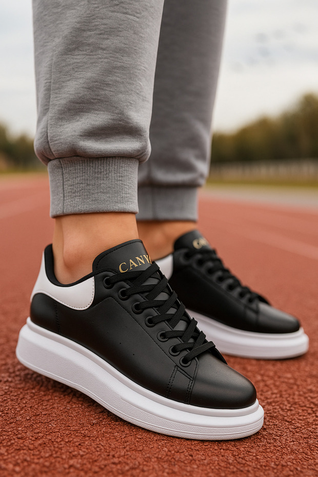 Casual Unisex Black White Sports Shoes Vegan Leather Lace up Lightweight Thick High Sole Sneaker 999
