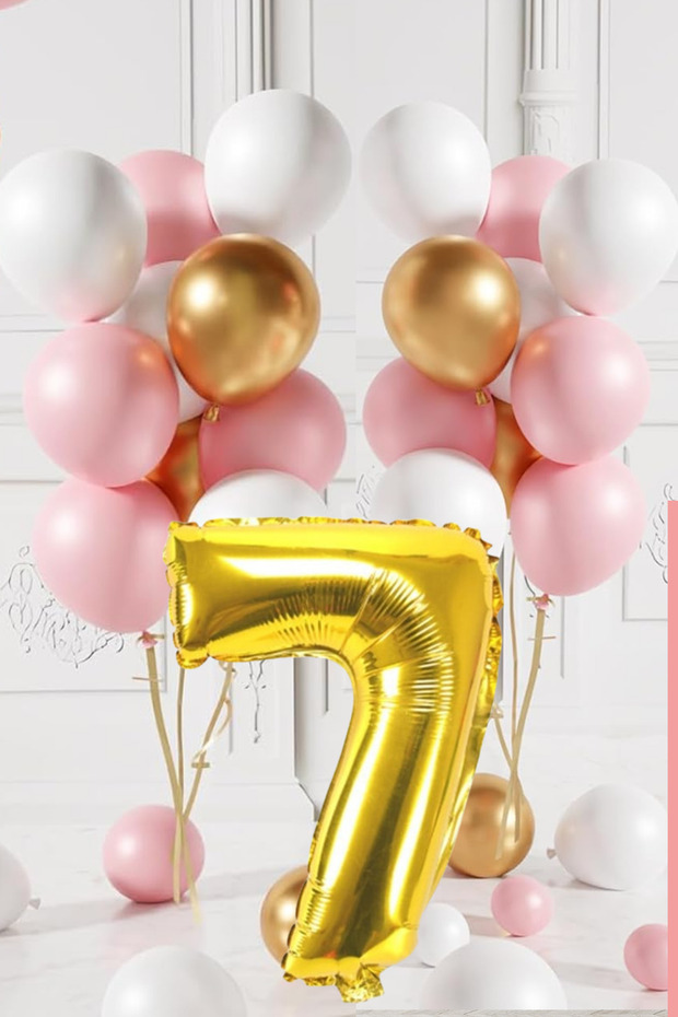 7 Year Old Retro Gold Pink White Balloon Set Birthday Balloon with Gold Numbers Stylish Party Ornament