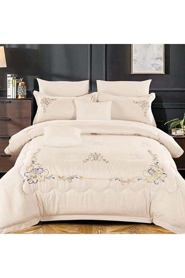 6pc Embroidered Premium Quality Pure Cotton King Size Cream Comforter Set