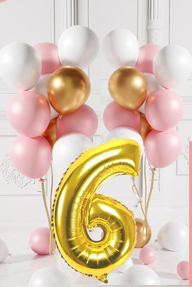 6 Year Old Retro Gold Pink White Balloon Set Birthday Balloon with Gold Numbers Stylish Party Ornament