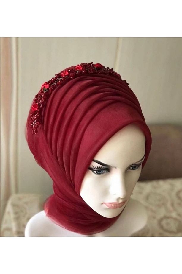 bordo hazır şal (hazır duvak) hazır türban (aksesuar hariç) - 1