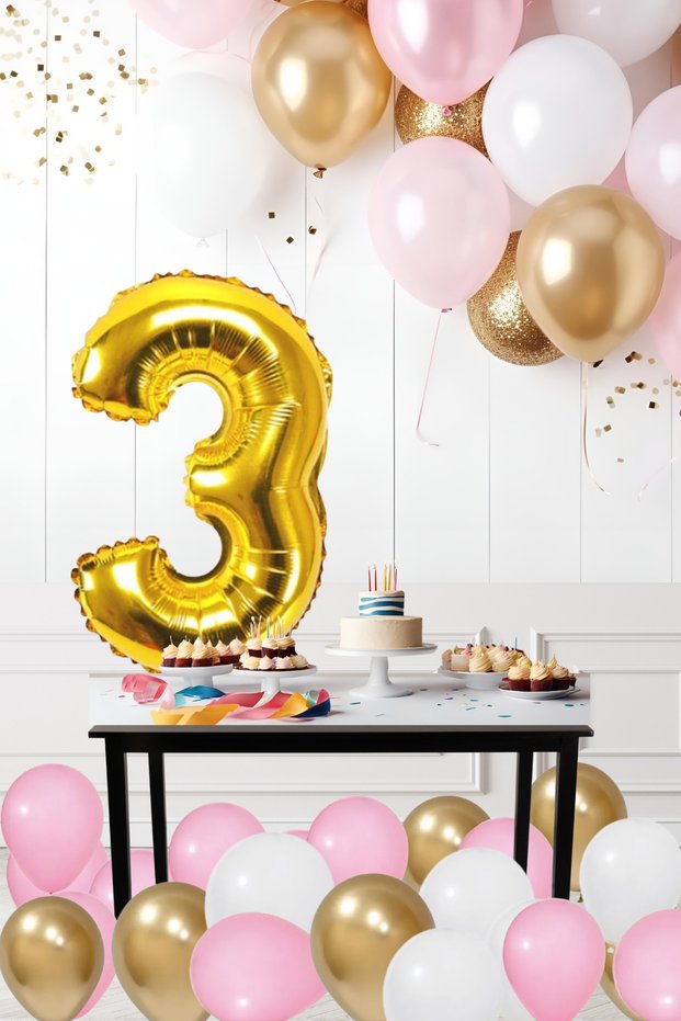 3 Years Retro Chrome Gold Pink White Balloon Set Birthday Balloon with Gold Numbers Stylish Party Ornament