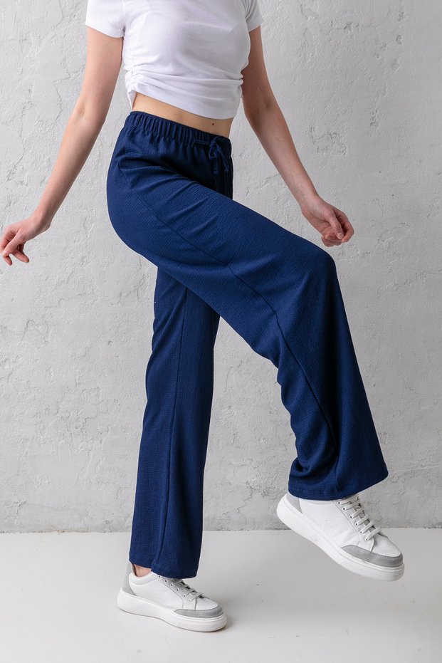 Women's Navy Blue High Waist Elastic Waist Lace up Stretchy Wide Leg Palazzo Wrap Women's Trousers