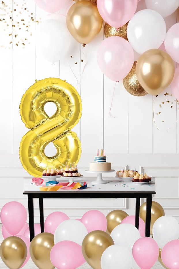 8 Year Old Retro Chrome Gold Pink White Balloon Set Birthday Balloon with Gold Numbers Stylish Party Ornament