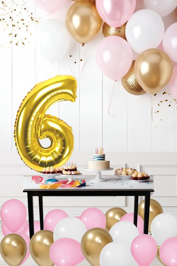 6 Years Retro Chrome Gold Pink White Balloon Set Birthday Balloon with Gold Numbers Stylish Party Ornament