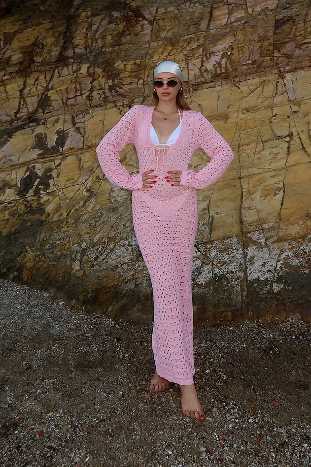 Pembe Keira Yakası Bağlama Detay Ajurlu Kadın Triko Plaj Midi Elbise - 4