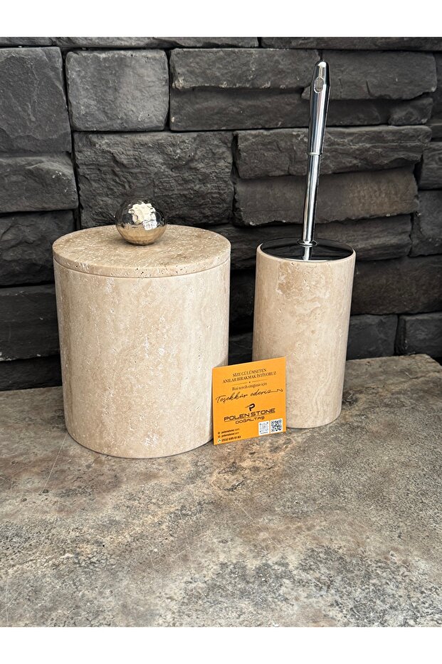 Travertine Natural Stone Double Bathroom Set – Trash Can & Toilet Brush Holder