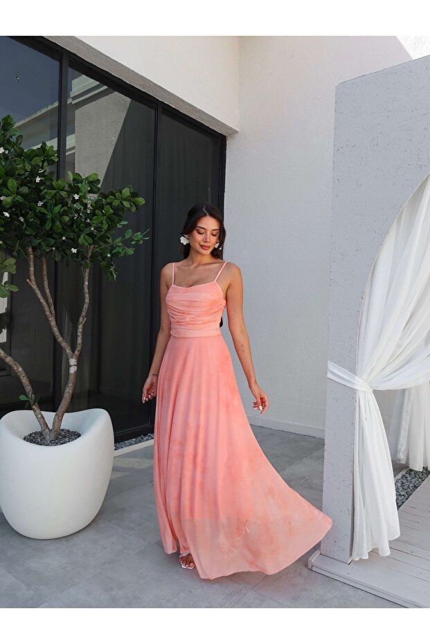 Askılı Drapeli Şifon Elbise - 1