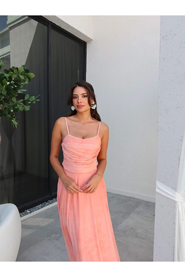 Askılı Drapeli Şifon Elbise - 2