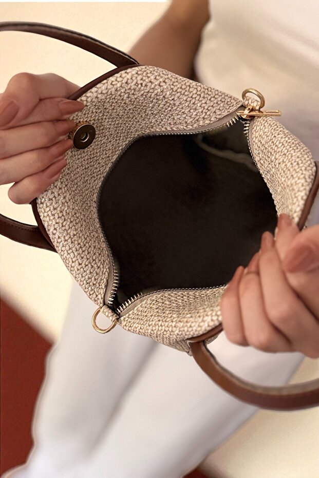Kadın Krem Hasır Dokulu Taba Kulp-Çizgi Detaylı Minimal El ve Omuz Çantası - 9