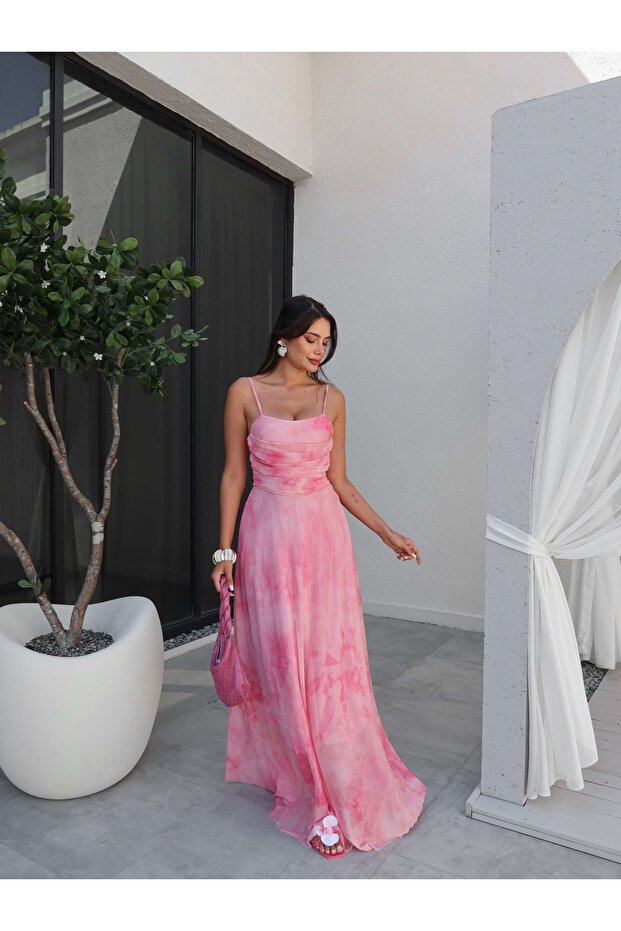 Askılı Drapeli Şifon Elbise - 4