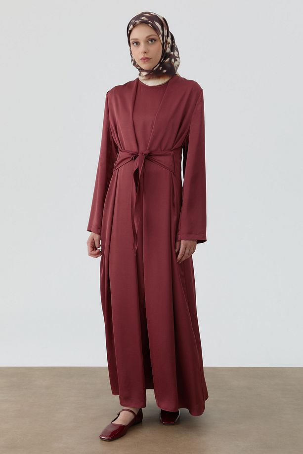 Bedenden Kuşaklı Elbiseli Takım - Bordo - 4