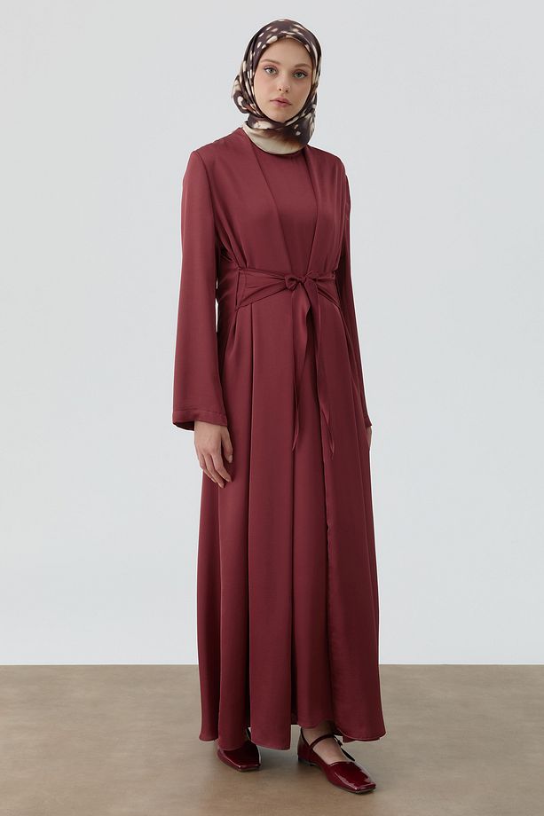 Bedenden Kuşaklı Elbiseli Takım - Bordo - 5
