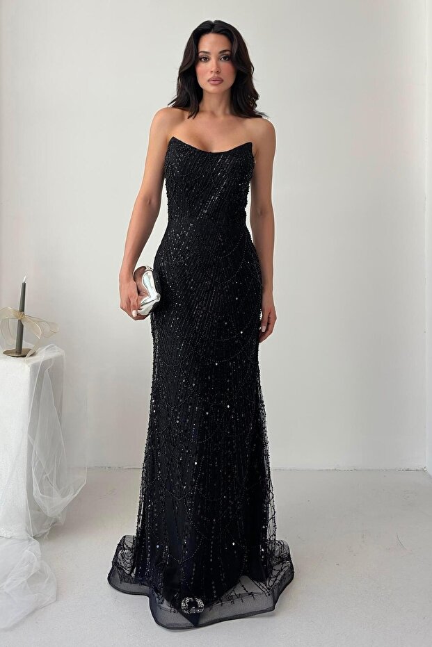 Black Beaded Embroidered Sequin Strapless Evening Dress
