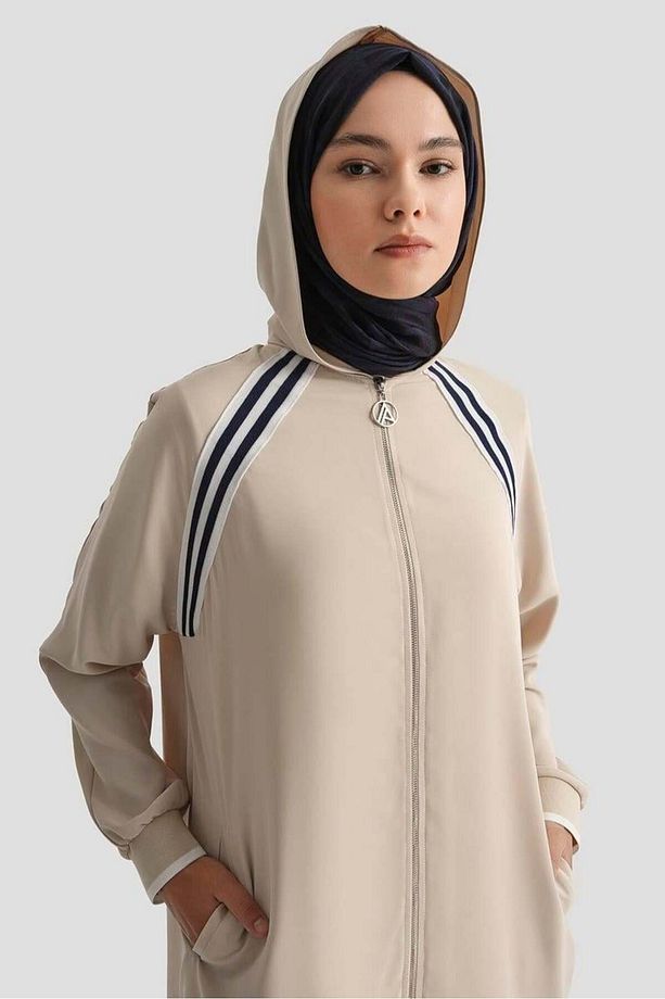 Trend Boydan Fermuarlı Kapüşonlu Tunik 25YT409 - Taş - 4