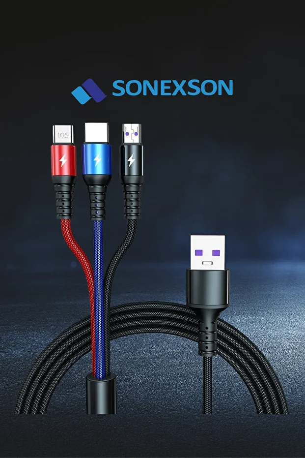 3'ü 1 Arada Hızlı Şarj Kablosu – Type-C, Micro USB, Lightning – Örgü Kablo - 3
