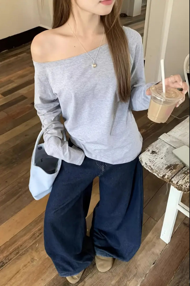 Gray Women's Off Shoulder Boat Neck Oversize Long Sleeve T-Shirt