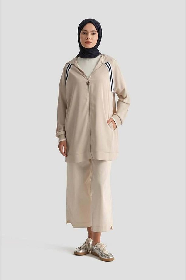 Trend Boydan Fermuarlı Kapüşonlu Tunik 25YT409 - Taş - 1