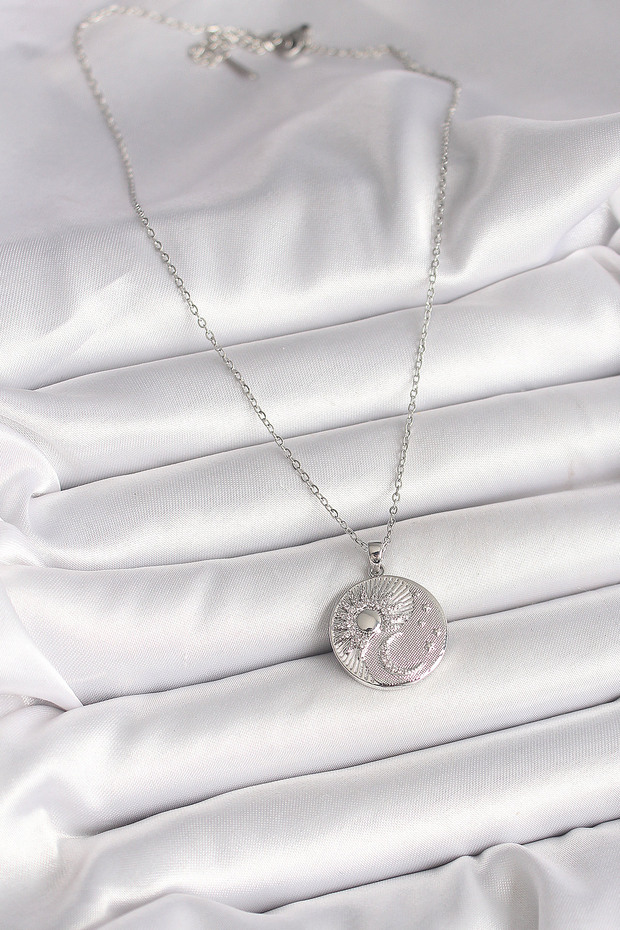 Silver Steel Chain Moon Sun Worked Medallion Necklace with Zircon for Elegant Woman