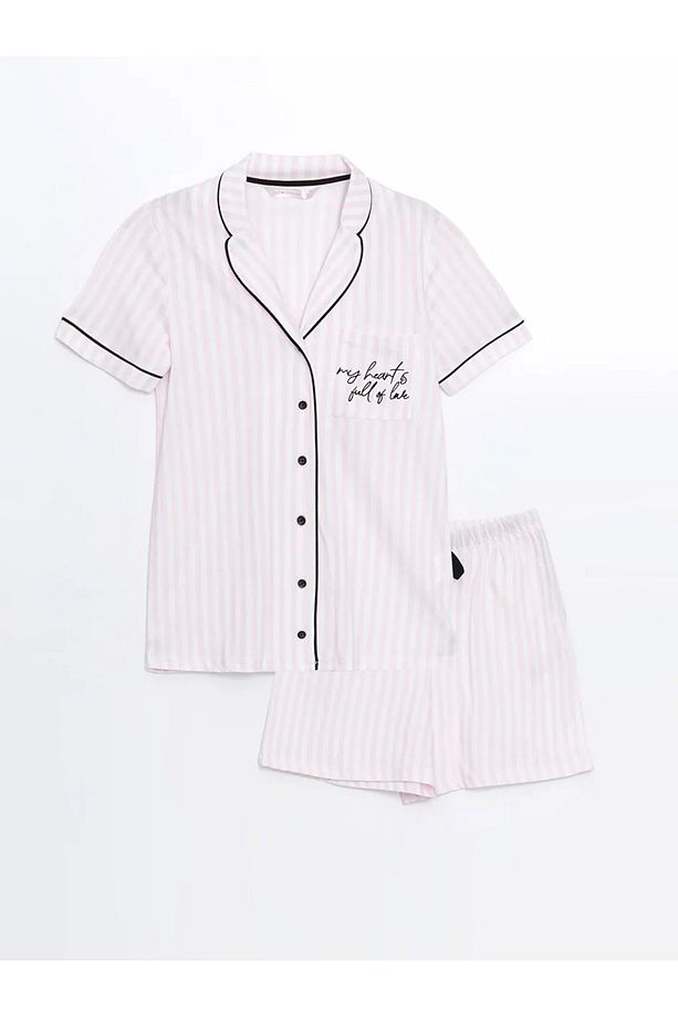 LCW DREAM Ekru Gömlek Yaka Çizgili Kadın Şortlu Pijama Takımı - 5