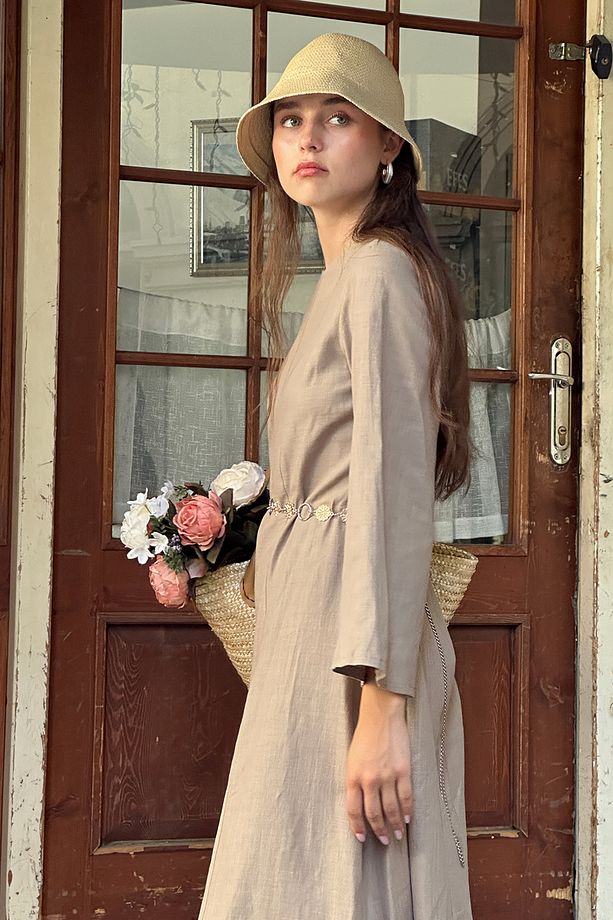 Haki Dikiş Detaylı Elbise - 4