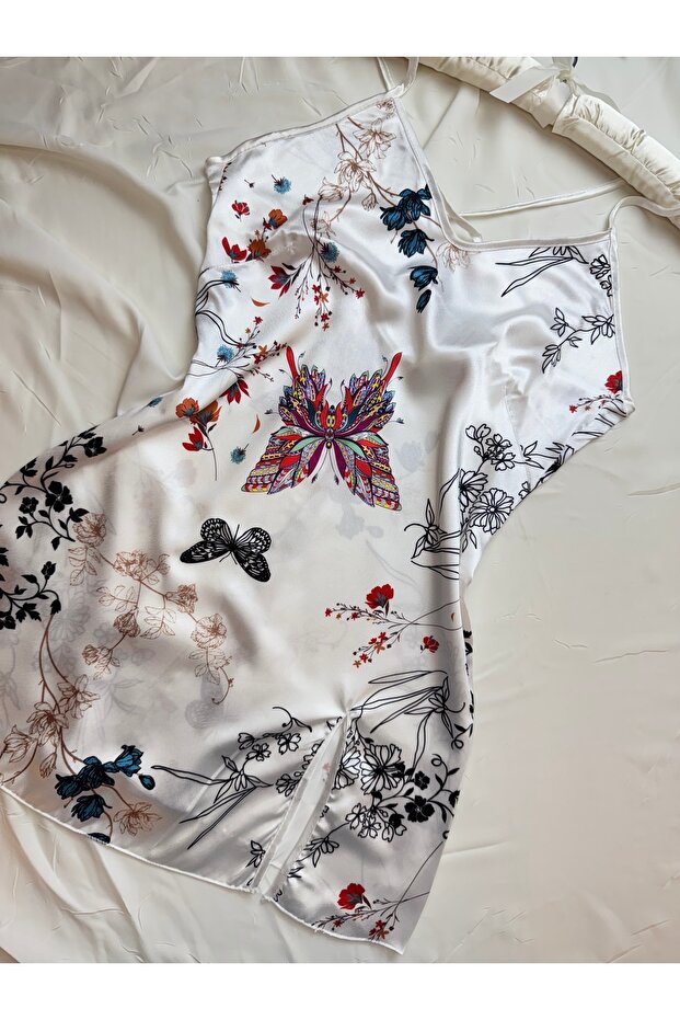 Basic Patterned Cross Back Satin Mini Dress Nightgown