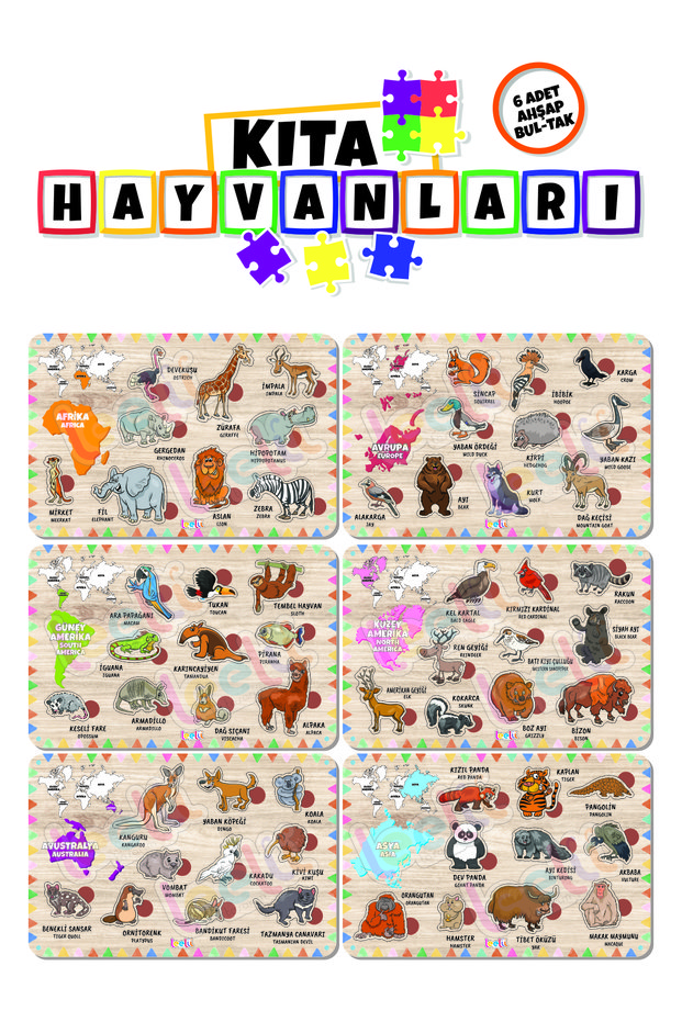 Continental Animals Africa-America-Europe-Asia-Australia Wooden Set of 6, Educational-Learning Puzzle