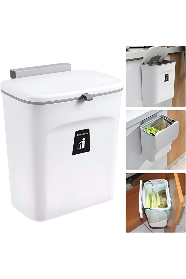 Hanging Trash Can with Lid Wall-Mounted 2.4 Gallon Kitchen Garbage Bin for Counter Top