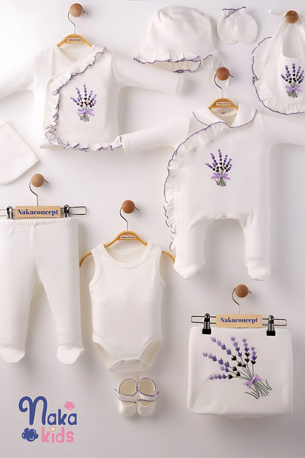 Baby Girl 10-Piece Hospital Discharge Set – Lavender Embroidered, Ruffled, 100% Cotton, White