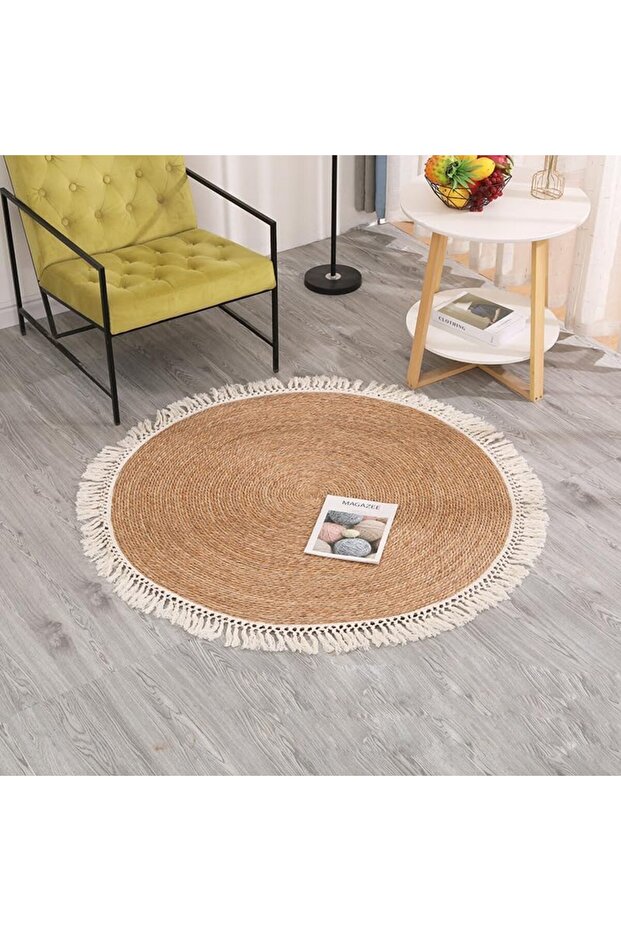 FFD Handwoven Round Jute Rug with White Tassels - Eco-Friendly Boho Chic Area Mat for Living 80cm