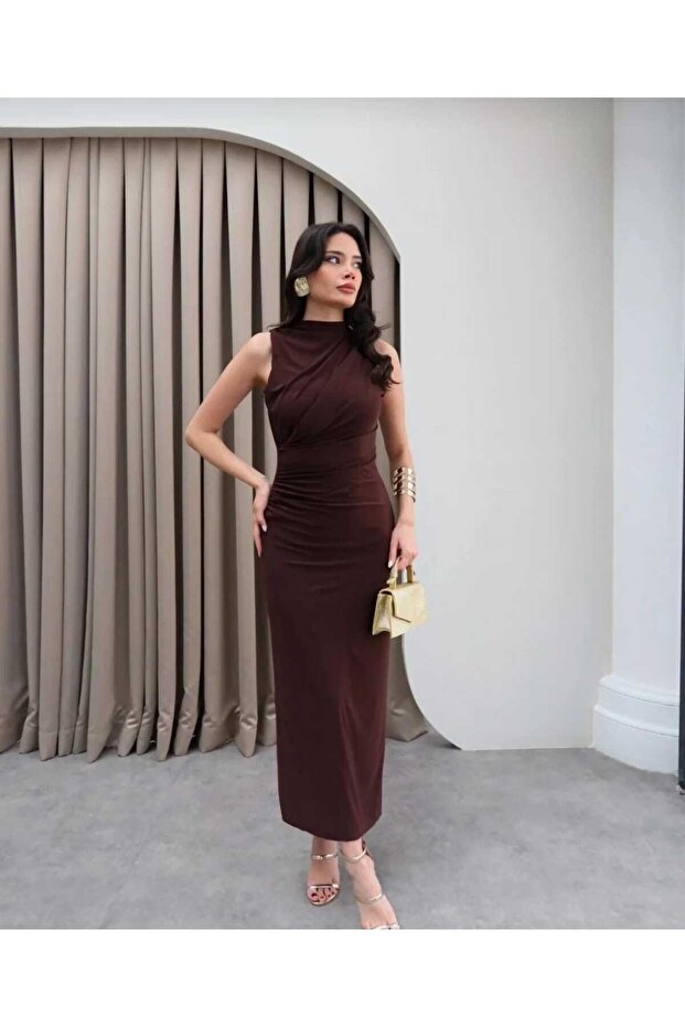 Drapeli Yırtmaçlı Midi Elbise - 3