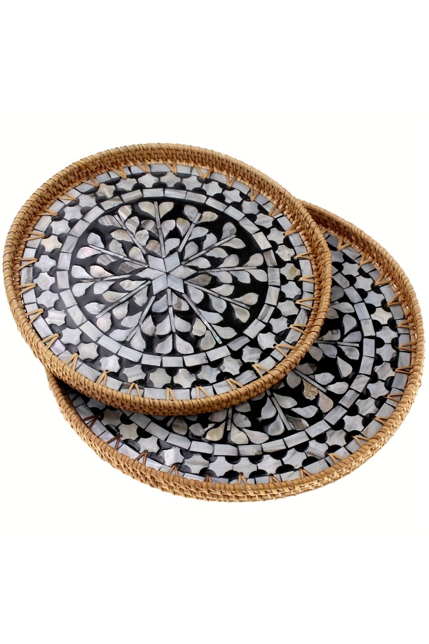 Handmade Rattan Tray Set of 2 with Mother-of-Pearl Inlay Round Boho Decorative Trays