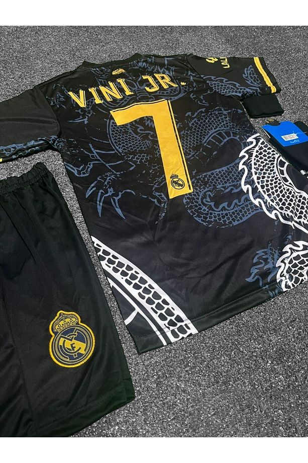 R.e.a.l M.a.d.r.i.d 2024/25 Yeni Sezon Vini Jr Dragon Desenli Çocuk Forması 3'lü Set (BLACK) - 1