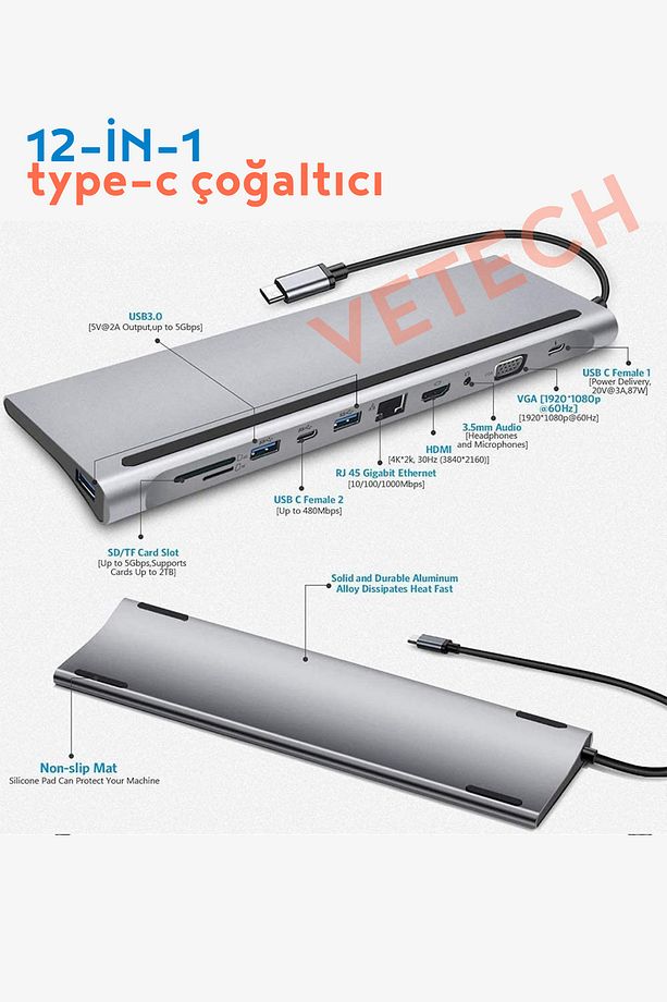 12in1 Type-C Port Çoklayıcı MacBook Uyumlu HDMI/Ethernet/SD/USB 3.0/VGA Çoklayıcı - 5
