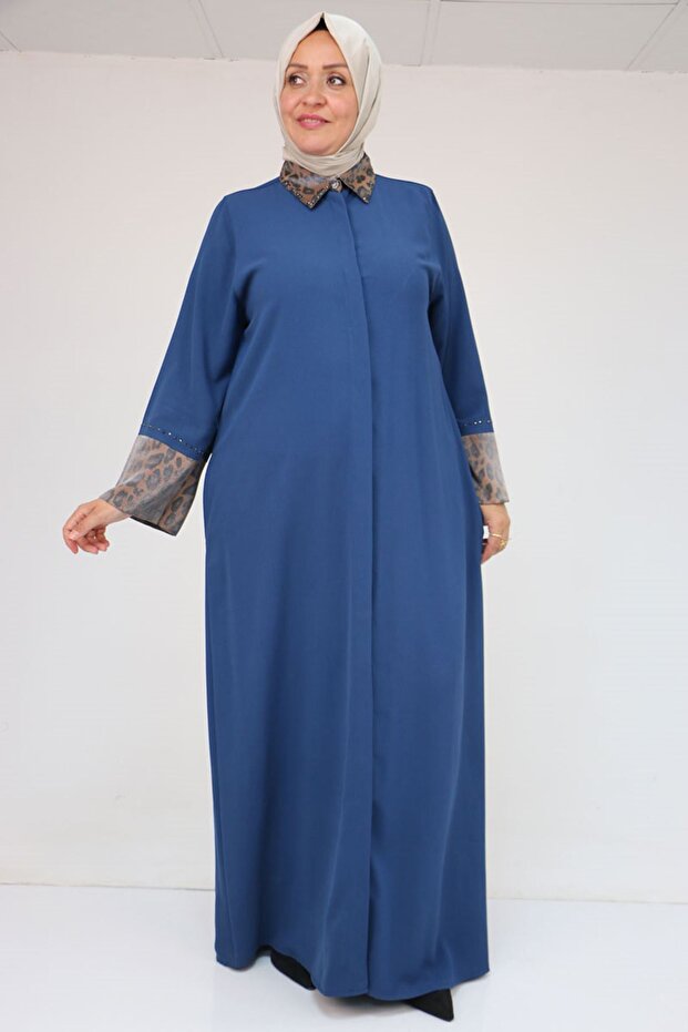56005 Large Size Sleeve Garnished Etamin Abaya Ferace - Petrol
