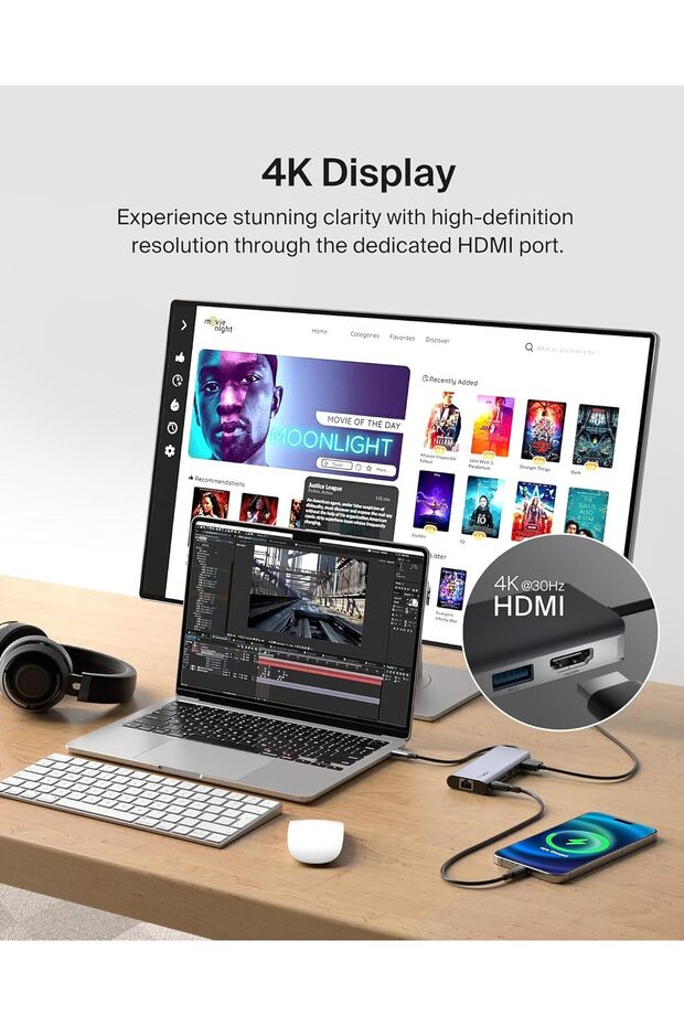 USB C Hub, 6-in-1 MultiPort Adapter Dock with 4K HDMI, USB-C 100 W PD Pass-Through Charging, - 3