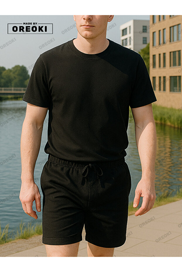 Men's Black T-Shirt & Basic Shorts Set - Cotton, Relaxed Fit