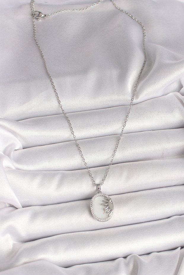 Silver Steel Chain White Enamel Sunset Necklace with Zircon for Elegant Woman