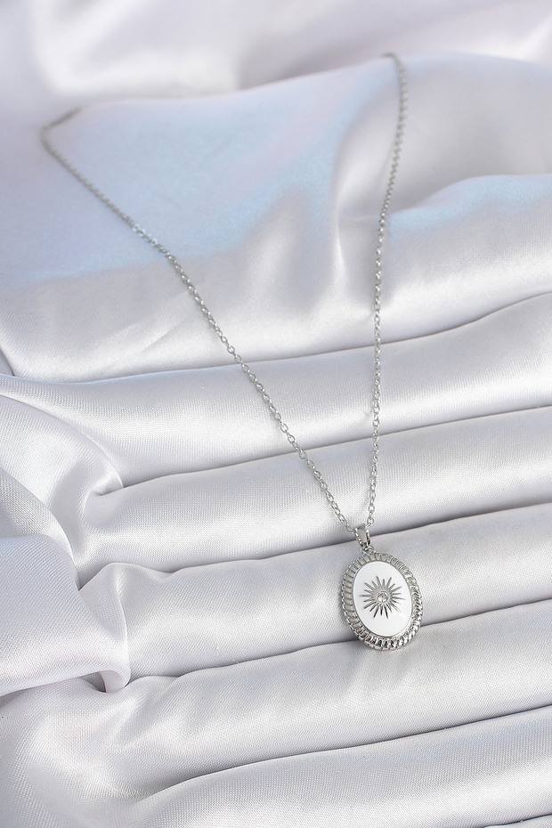 Silver Steel White Enamel Sunny Charm Locket Necklace for Elegant Woman