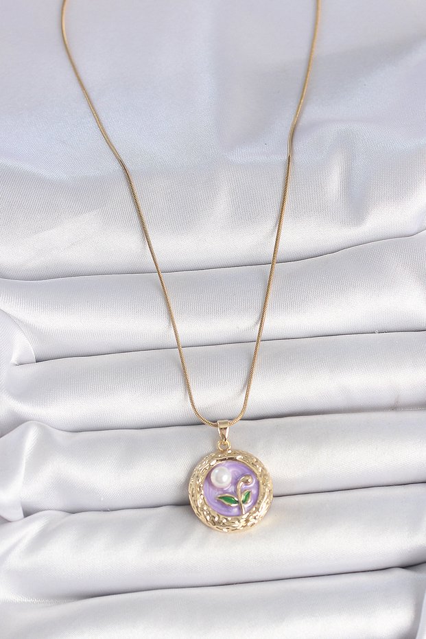 Golden Steel Chain Purple Flower Pearl Potre Necklace for Elegant Woman