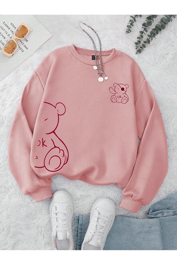 Teddy Bear Printed Fleece Crew Neck Thick Sweatshirt 3 Thread
