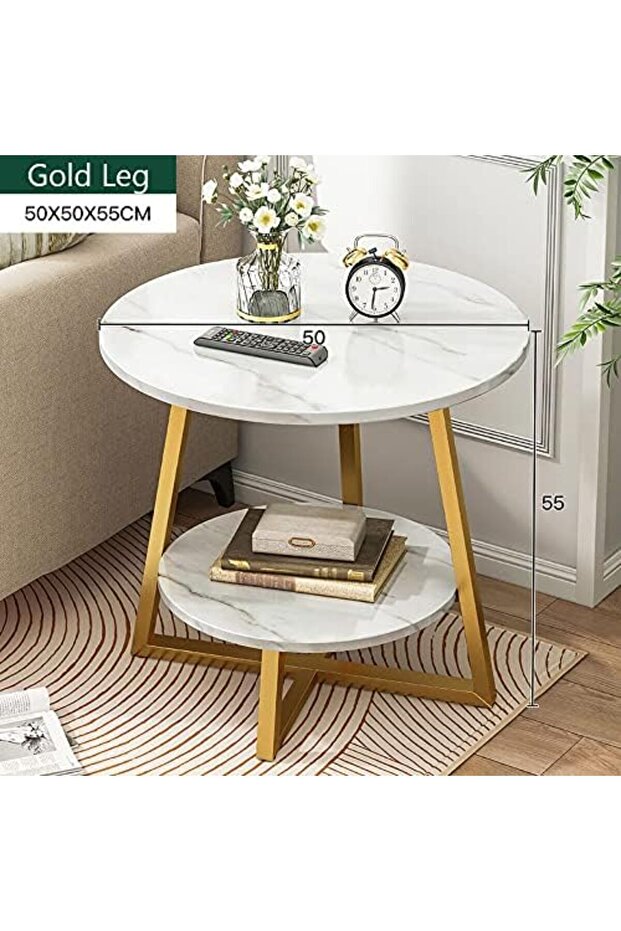 Round Coffee Table, Double Layer Sofa Side Table End Table, Imitation Marble Coffee Round Table Snac - 2