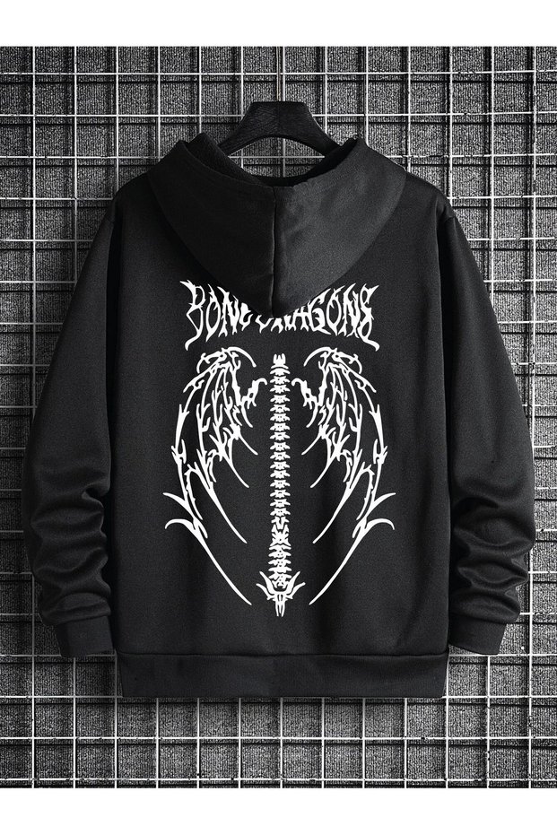 Wing Design Sweatshirt Sweatshirt - Black Printed Oversize Thick Hoodie
