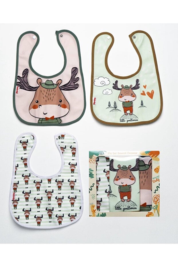 Pico Baby Geyik Temalı Microfiber %100 Pamuk Sıvı Geçirmez 3 'lü Mama Önlüğü