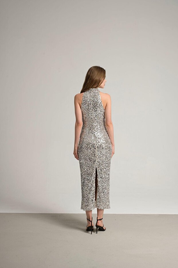 Halter yaka payet elbise - 9