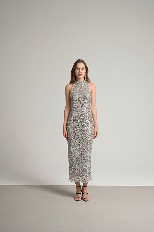 Halter yaka payet elbise - 7