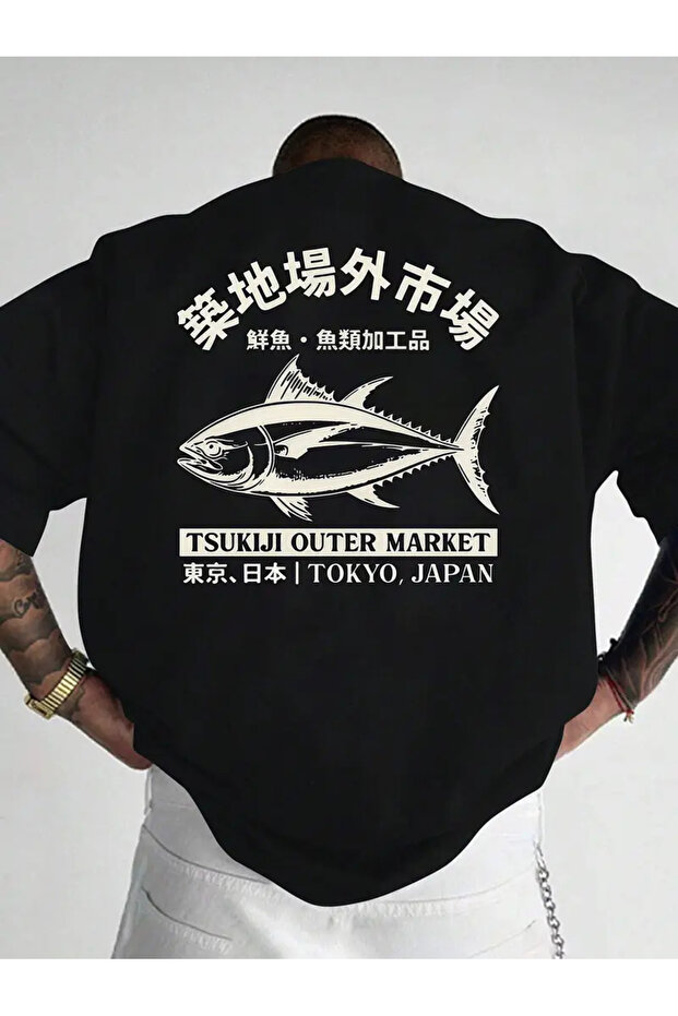 Unisexsukiji Market Tokyo Printed Oversize Crew Neck T-Shirt