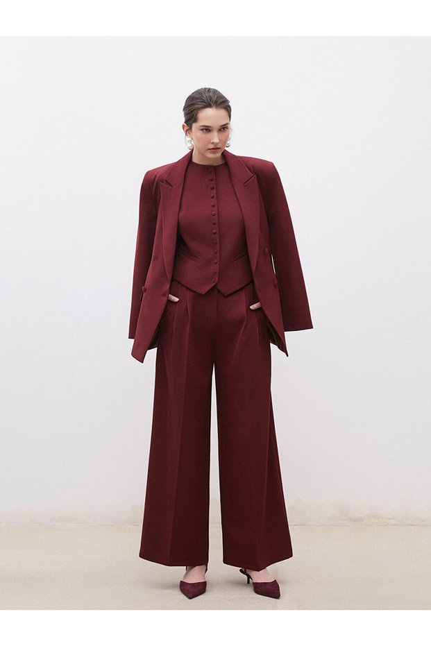 Soulife Burgundy Loose Fit Crepe Women's Pleated Pants